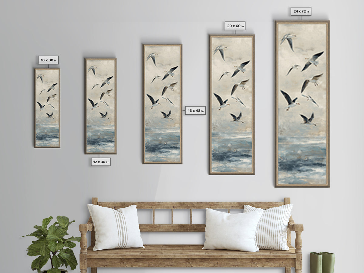 Coastal Gulls Flying Framed Canvas Print, Nautical Art, Textured Painting, Coastal Decor, Fine Art, Harbor, Printable Wall Art, NAU-1x3-29