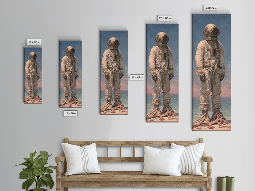 Deep Sea Diver Helmet Still Life Framed Canvas Print, Nautical Art, Ocean Art, Coastal Decor, Oil Painting, Harbor, NAU-1x3-30