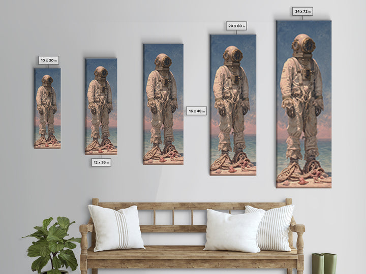 Deep Sea Diver Helmet Still Life Framed Canvas Print, Nautical Art, Ocean Art, Coastal Decor, Oil Painting, Harbor, NAU-1x3-30