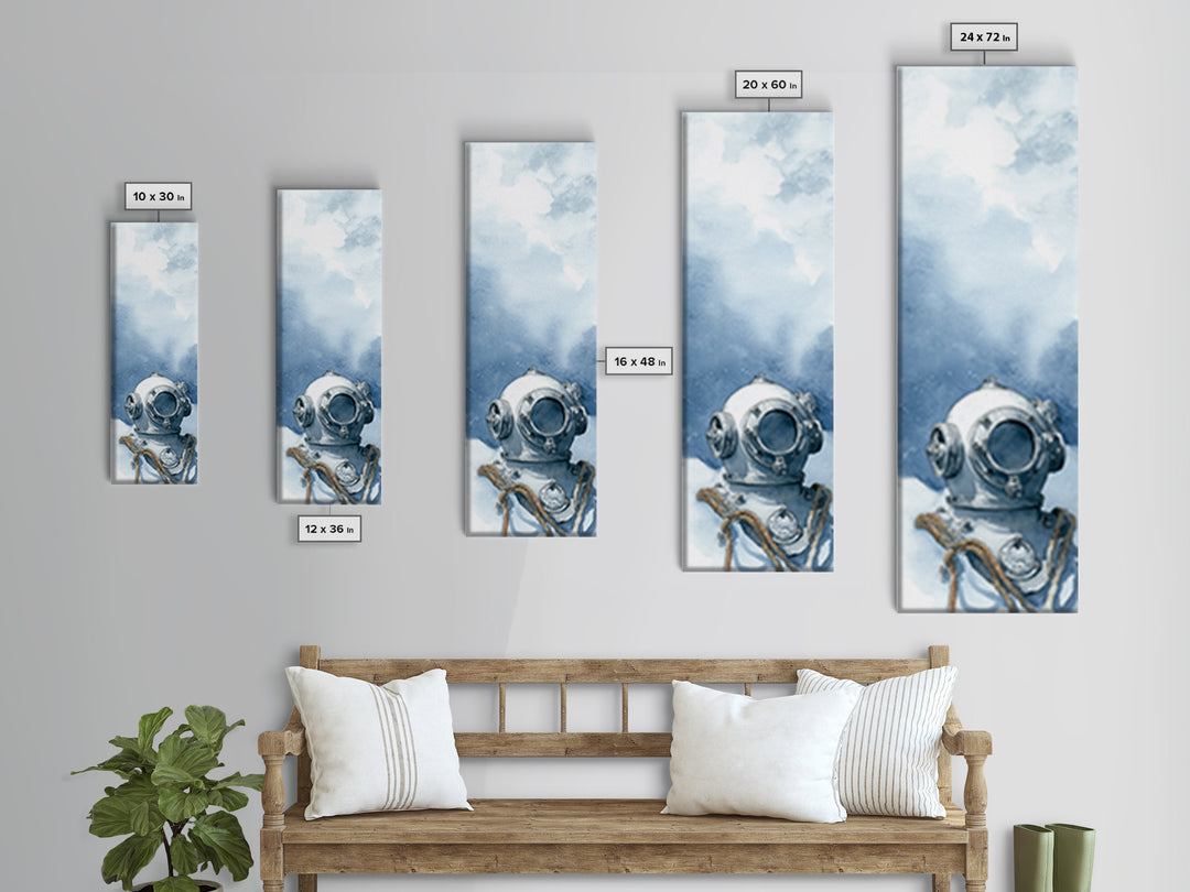 Deep Sea Diver Helmet Still Life Framed Canvas Print, Nautical Art, Ocean Art, Coastal Decor, Oil Painting, Harbor, NAU-1x3-54