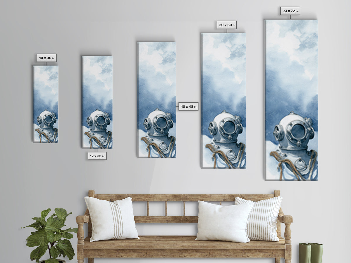 Deep Sea Diver Helmet Still Life Framed Canvas Print, Nautical Art, Ocean Art, Coastal Decor, Oil Painting, Harbor, NAU-1x3-54