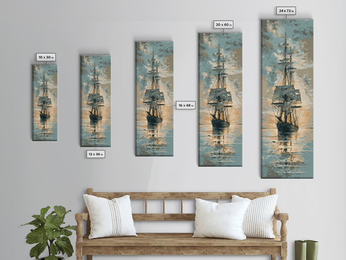 Tall Ship Silhouette at Sunset Canvas Print, Nautical Art, Coastal Wall Art, Coastal Decor, Fine Art, Harbor, Neutral Decor, NAU-1x3-68