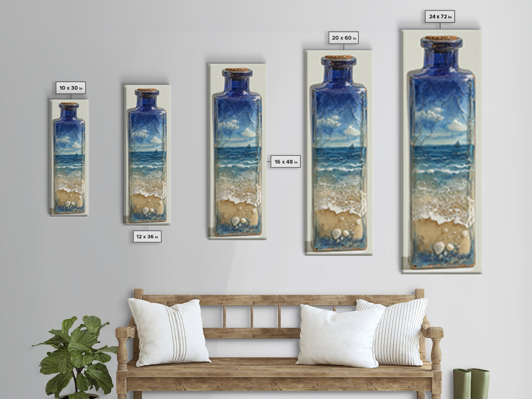 Bottle with Tiny Ship and Ocean Inside Framed Canvas Print, Nautical Art, Coastal Decor, Fine Art, Harbor, Fine Art Print, NAU-1x3-76