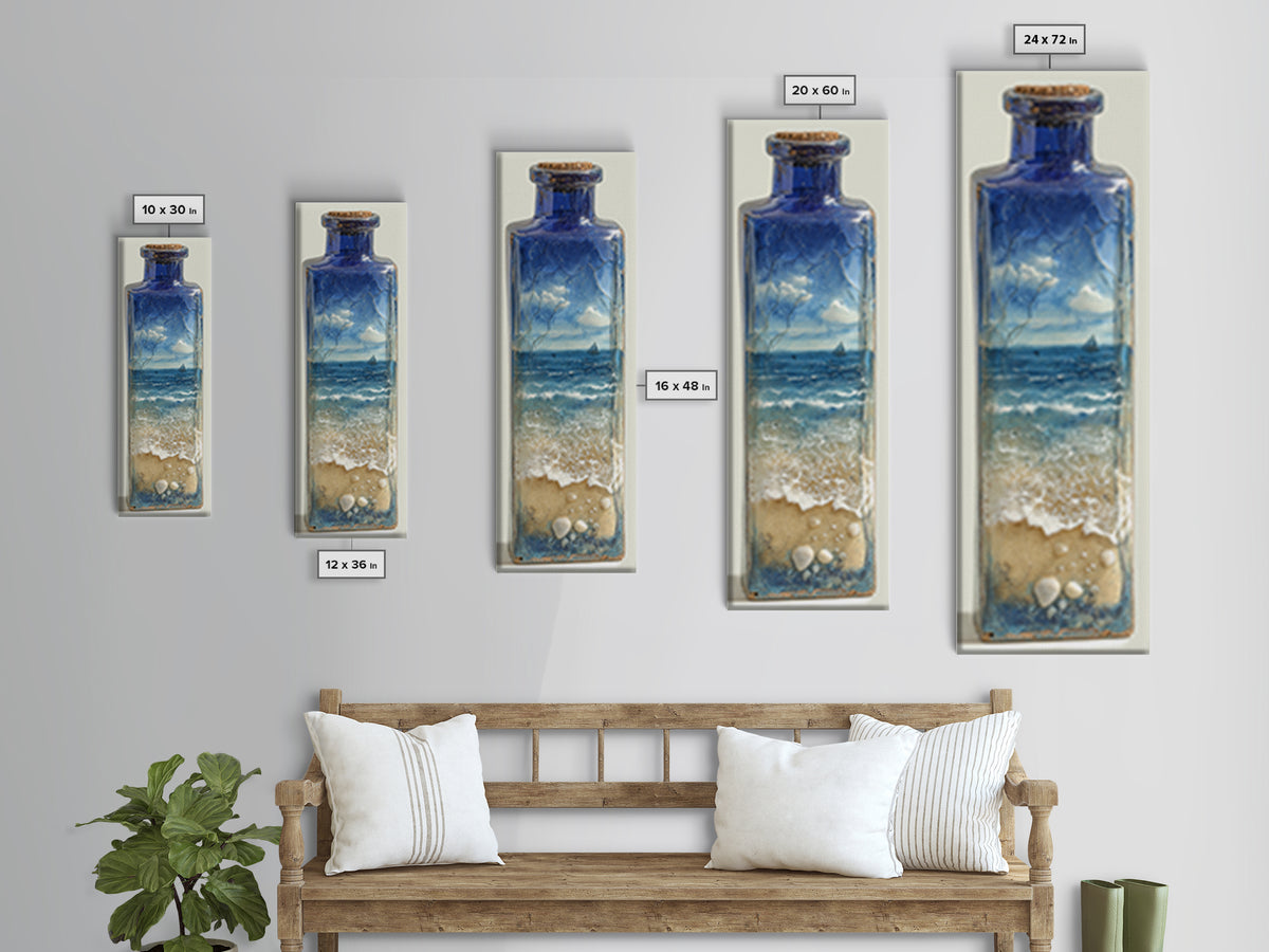 Bottle with Tiny Ship and Ocean Inside Framed Canvas Print, Nautical Art, Coastal Decor, Fine Art, Harbor, Fine Art Print, NAU-1x3-76