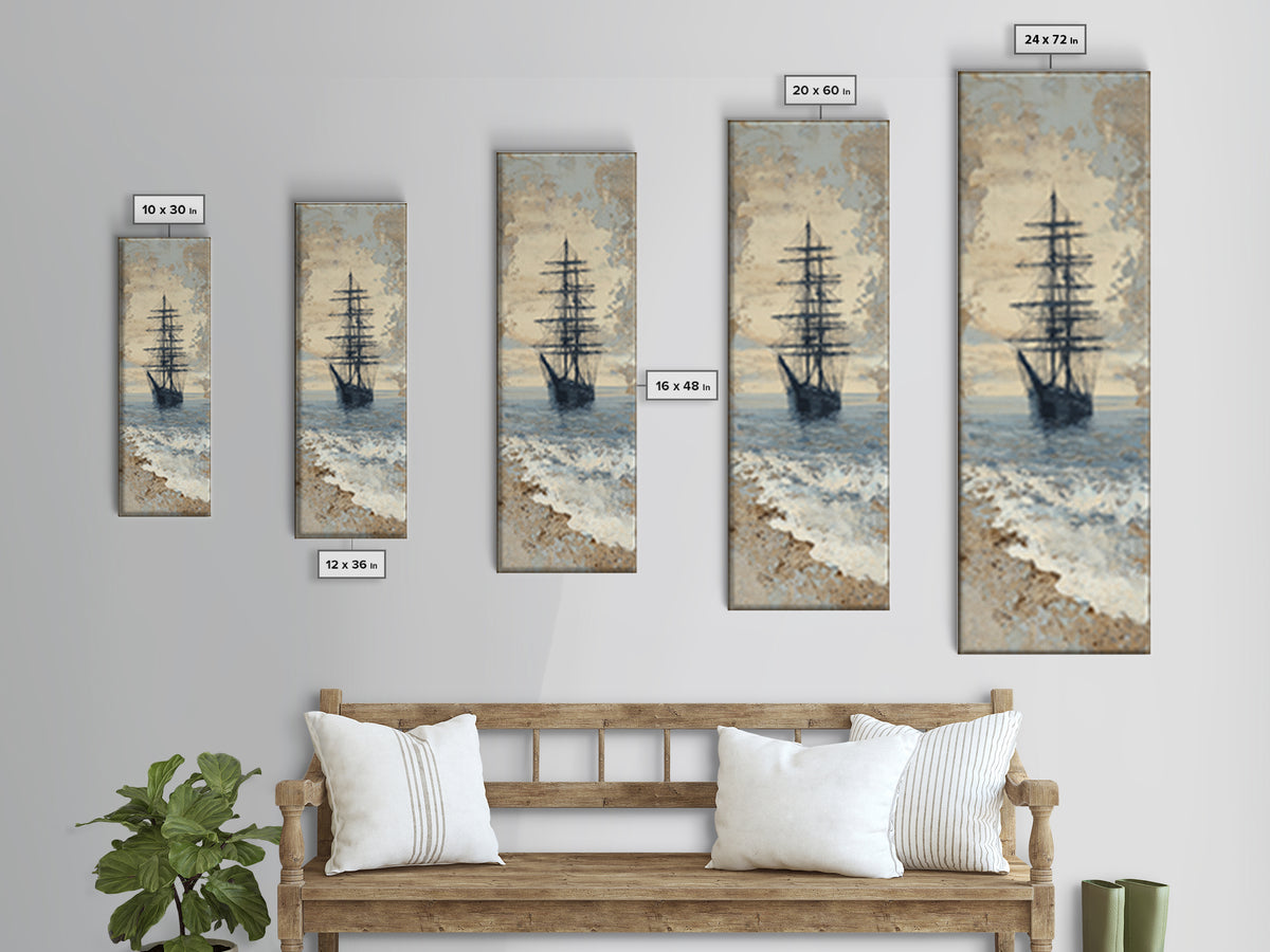 Tall Ship Silhouette at Sunset Framed Canvas Print, Nautical Art, Beach Print, Coastal Decor, Fine Art, Harbor, Luxury Decor, NAU-1x3-92