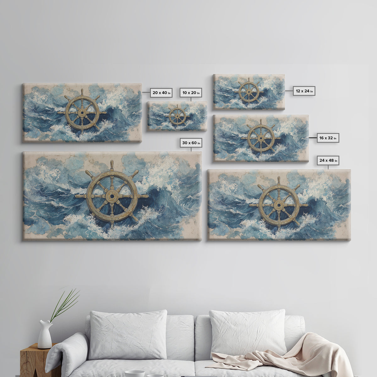 Ship Wheel with Sea Spray Background Framed Canvas Print, Nautical Art, Wall Art, Coastal Decor, Oil Painting, Harbor, NAU-2x1-35