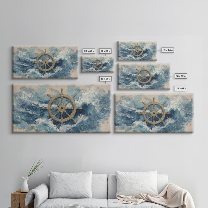 Ship Wheel with Sea Spray Background Framed Canvas Print, Nautical Art, Wall Art, Coastal Decor, Oil Painting, Harbor, NAU-2x1-35