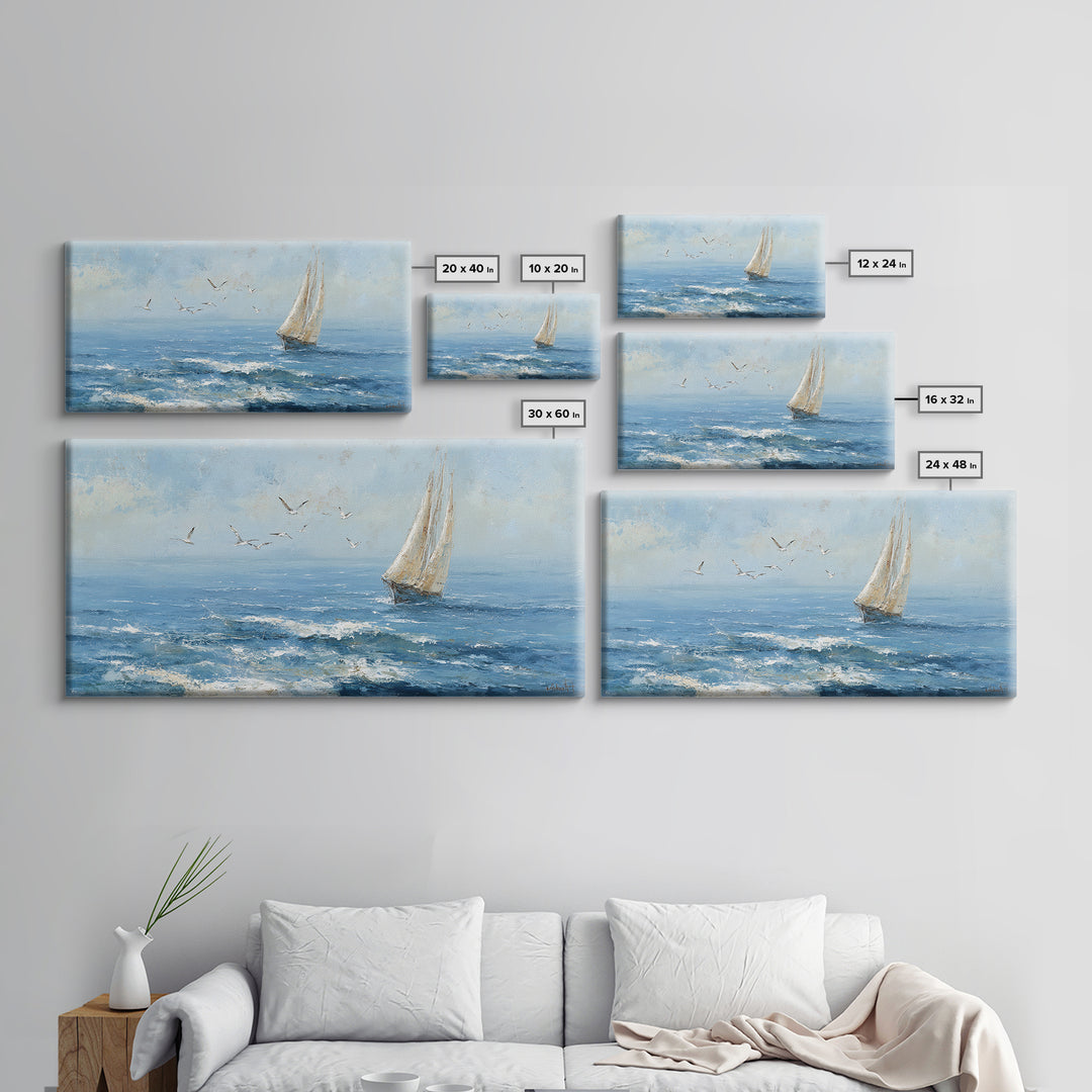 Sailboat Leaning into Wind on Blue Water Framed Canvas Print, Nautical Art, Digital Print, Coastal Decor, Fine Art, Harbor, NAU-2x1-45