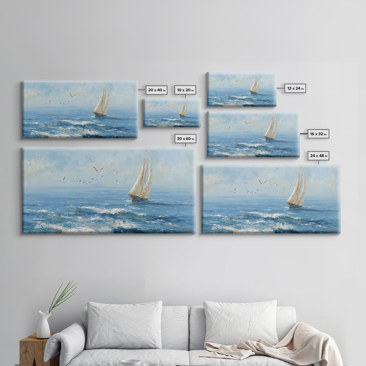 Sailboat Leaning into Wind on Blue Water Framed Canvas Print, Nautical Art, Digital Print, Coastal Decor, Fine Art, Harbor, NAU-2x1-45