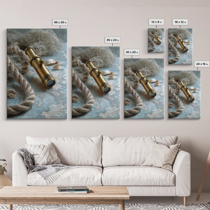 Brass Telescope and Old Map Still Life Canvas Print, Nautical Art, Wall Art, Coastal Decor, Oil Painting, Harbor, Digital Print, NAU-2x3-14