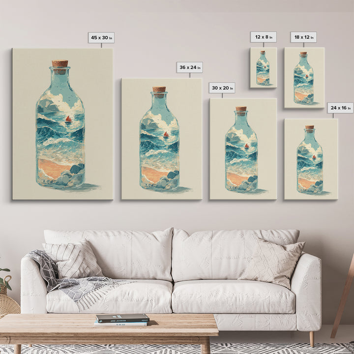 Bottle with Tiny Ship and Ocean Inside Framed Canvas Print, Nautical Art, Modern Decor, Coastal Decor, Fine Art, Harbor, NAU-2x3-24