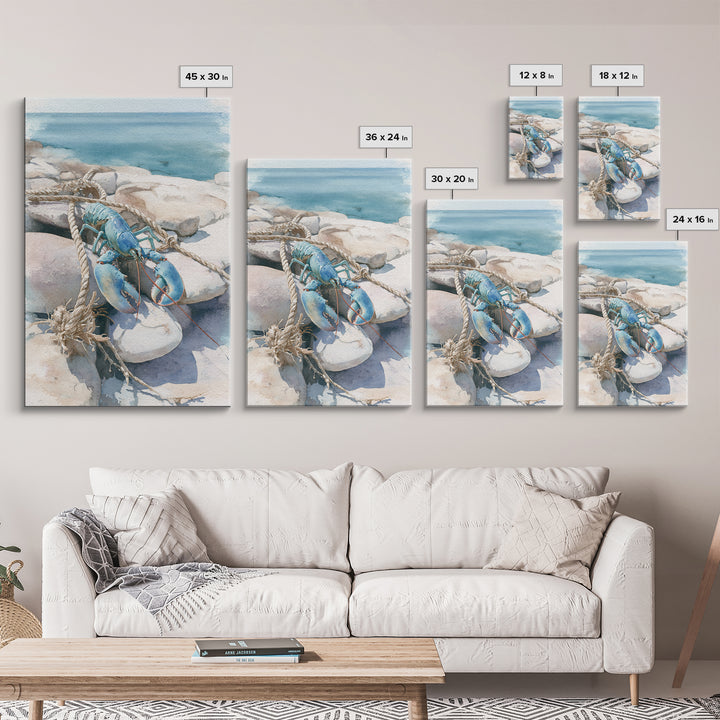 Lobster and Rope Coastal Illustration Framed Canvas Print, Nautical Art, Beach Decor, Coastal Decor, Fine Art, Harbor, NAU-2x3-28