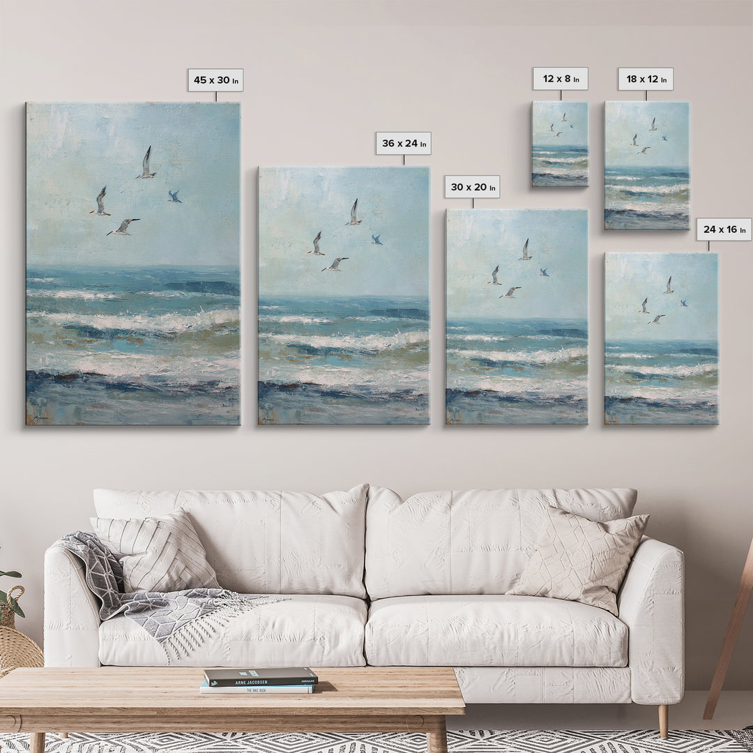 Coastal Gulls Flying Framed Canvas Print, Nautical Art, Coastal Wall Art, Coastal Decor, Fine Art, Harbor, Neutral Decor, NAU-2x3-97