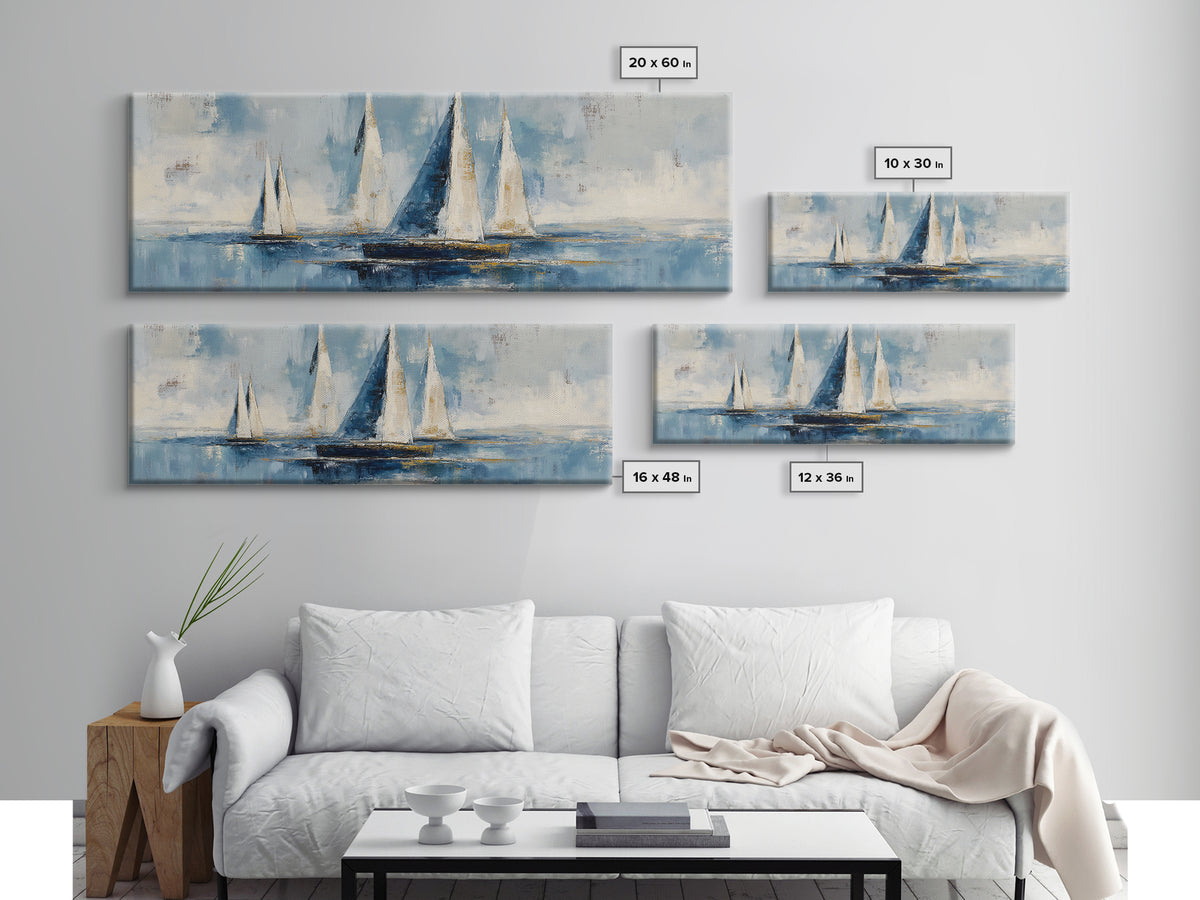 Sailboat Leaning into Wind on Blue Water Framed Canvas Print, Nautical Art, Coastal Art, Coastal Decor, Fine Art, Harbor, NAU-3x1-17