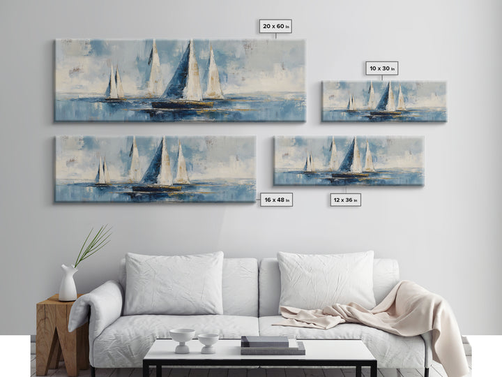 Sailboat Leaning into Wind on Blue Water Framed Canvas Print, Nautical Art, Coastal Art, Coastal Decor, Fine Art, Harbor, NAU-3x1-17