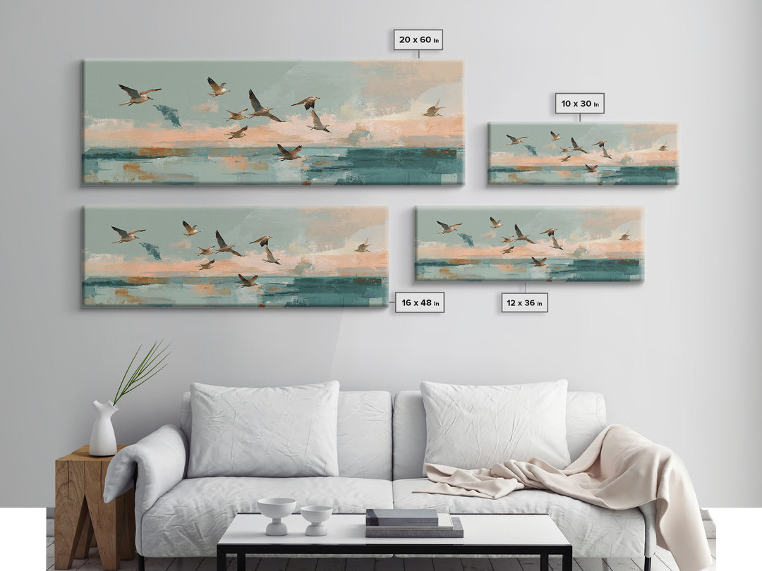 Coastal Gulls Flying Canvas Print, Nautical Art, Beach Decor, Coastal Decor, Fine Art, Harbor, Statement Artwork, Boho Decor, NAU-3x1-33