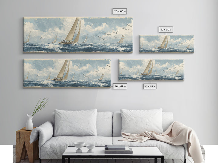 Classic Yacht Racing Through Whitecaps Canvas Print, Nautical Art, Minimalist Decor, Coastal Decor, Fine Art, Harbor, NAU-3x1-35
