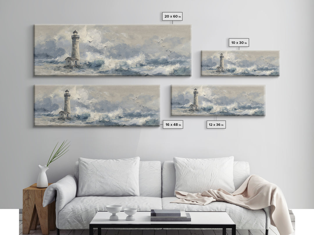 Lighthouse Standing Against Stormy Waves Framed Canvas Print, Nautical Art, Large Wall Art, Coastal Decor, Abstract Art, Harbor, NAU-3x1-67