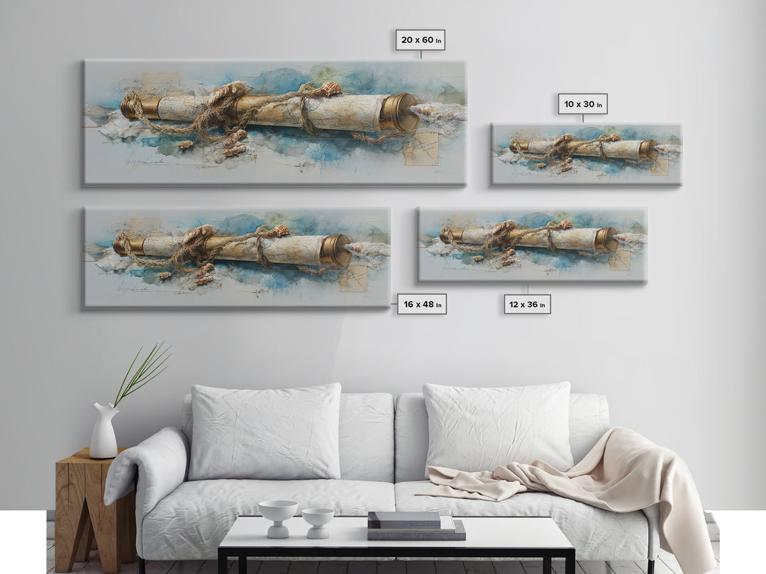 Brass Telescope and Old Map Still Life Canvas Print, Nautical Art, Wall Art, Coastal Decor, Oil Painting, Harbor, Digital Print, NAU-3x1-70