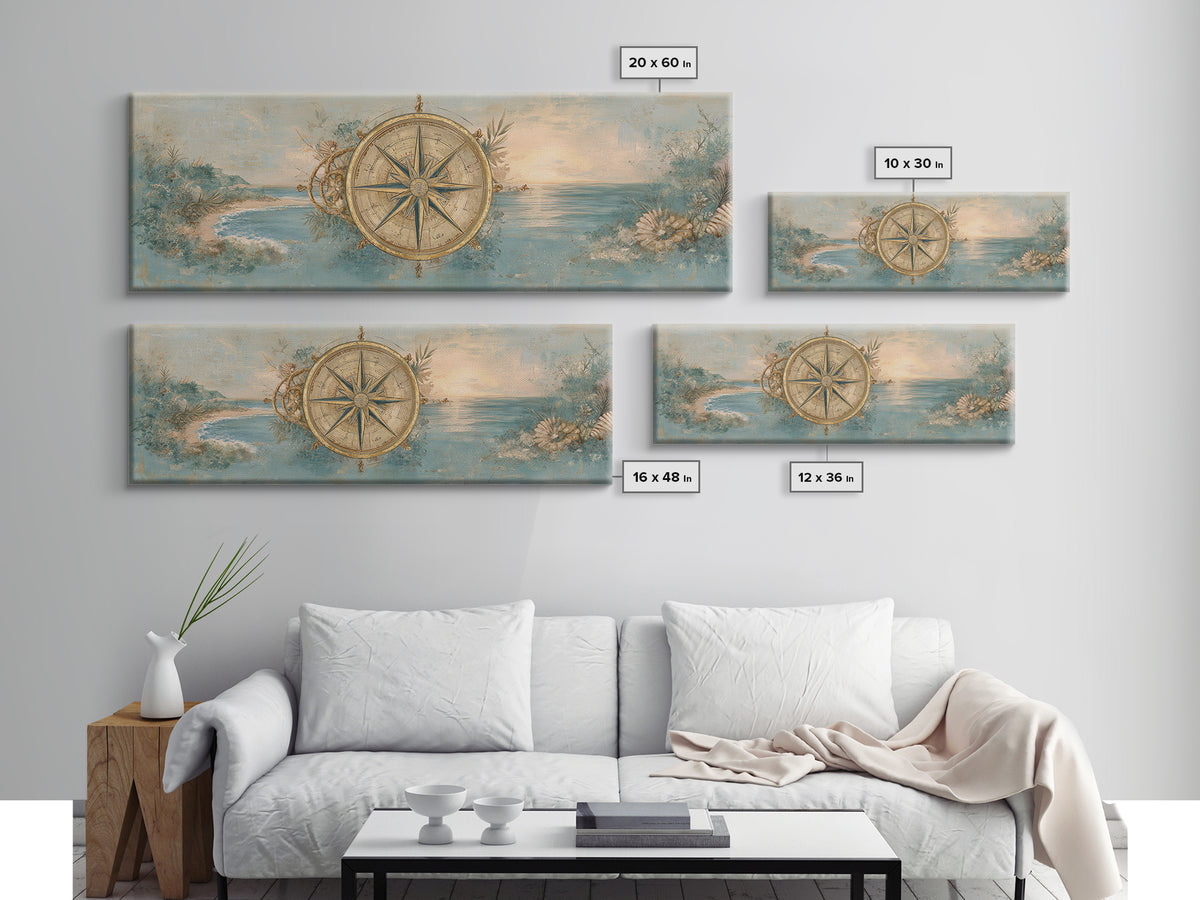 Antique Compass with Rope and Shells Framed Canvas Print, Nautical Art, Beach Print, Coastal Decor, Fine Art, Harbor, NAU-3x1-90