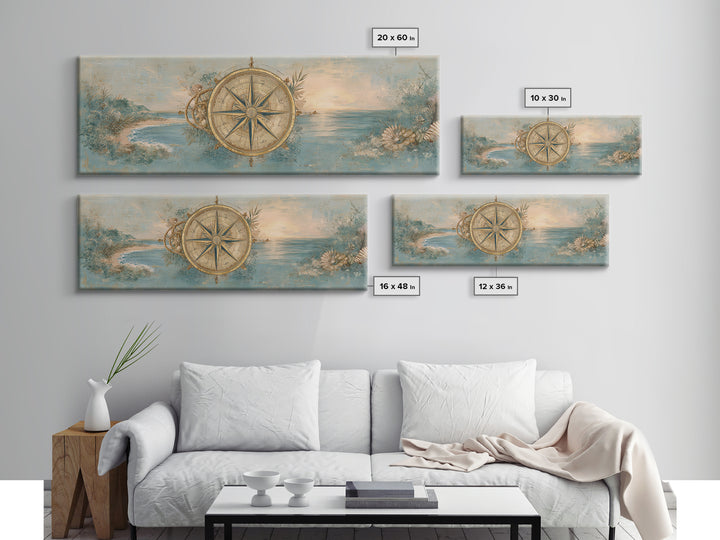 Antique Compass with Rope and Shells Framed Canvas Print, Nautical Art, Beach Print, Coastal Decor, Fine Art, Harbor, NAU-3x1-90