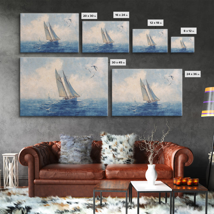 Sailboat Leaning into Wind on Blue Water Framed Canvas Print, Nautical Art, Room Decor, Coastal Decor, Fine Art, Harbor, NAU-3x2-77