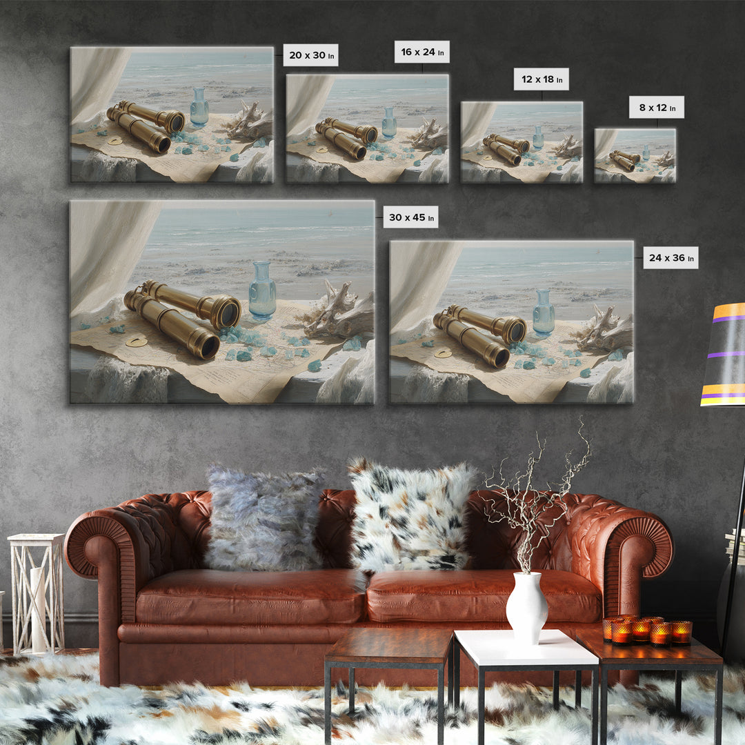 Brass Telescope and Old Map Still Life Framed Canvas Print, Nautical Art, Ocean Art, Coastal Decor, Oil Painting, Harbor, NAU-3x2-82