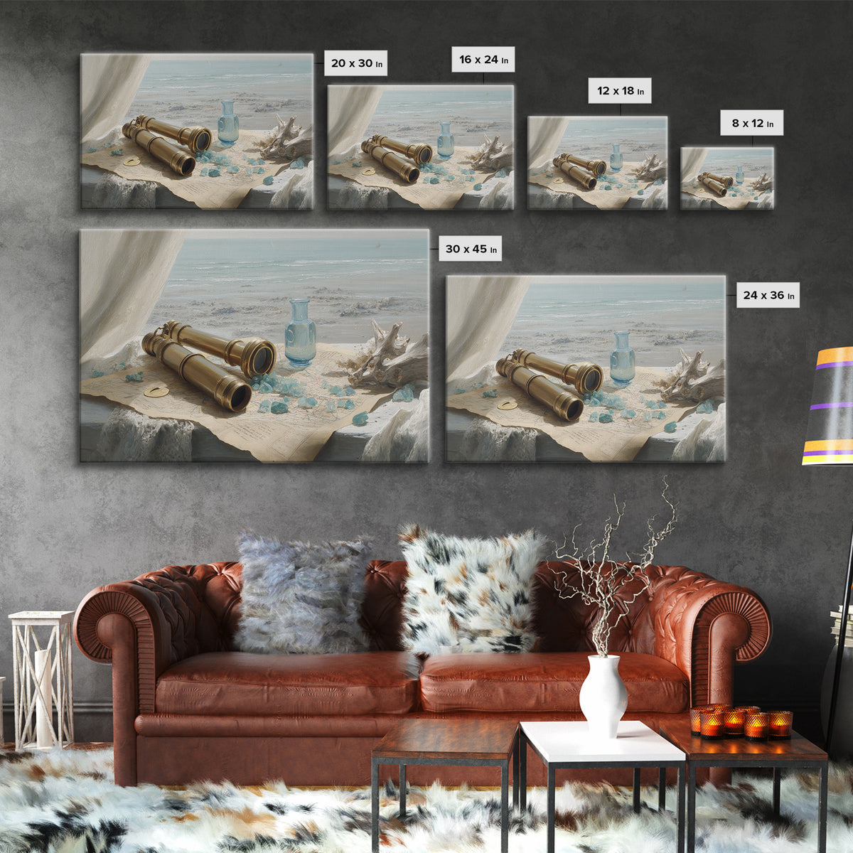 Brass Telescope and Old Map Still Life Framed Canvas Print, Nautical Art, Ocean Art, Coastal Decor, Oil Painting, Harbor, NAU-3x2-82