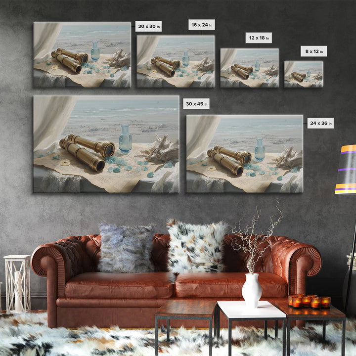 Brass Telescope and Old Map Still Life Framed Canvas Print, Nautical Art, Ocean Art, Coastal Decor, Oil Painting, Harbor, NAU-3x2-82