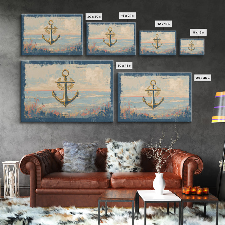Anchor and Laurel Nautical Crest Without Text Framed Canvas Print, Nautical Art, Beach Decor, Coastal Decor, Fine Art, Harbor, NAU-3x2-9