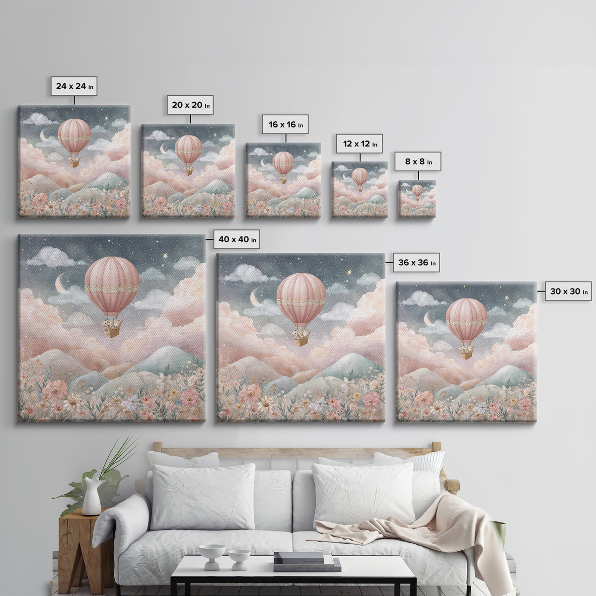 Hot Air Balloon Drifting Framed Canvas Print, Nursery Decor, Art Print, Nursery, Woodland Nursery Decor, Nursery Prints, NDE-1x1-12
