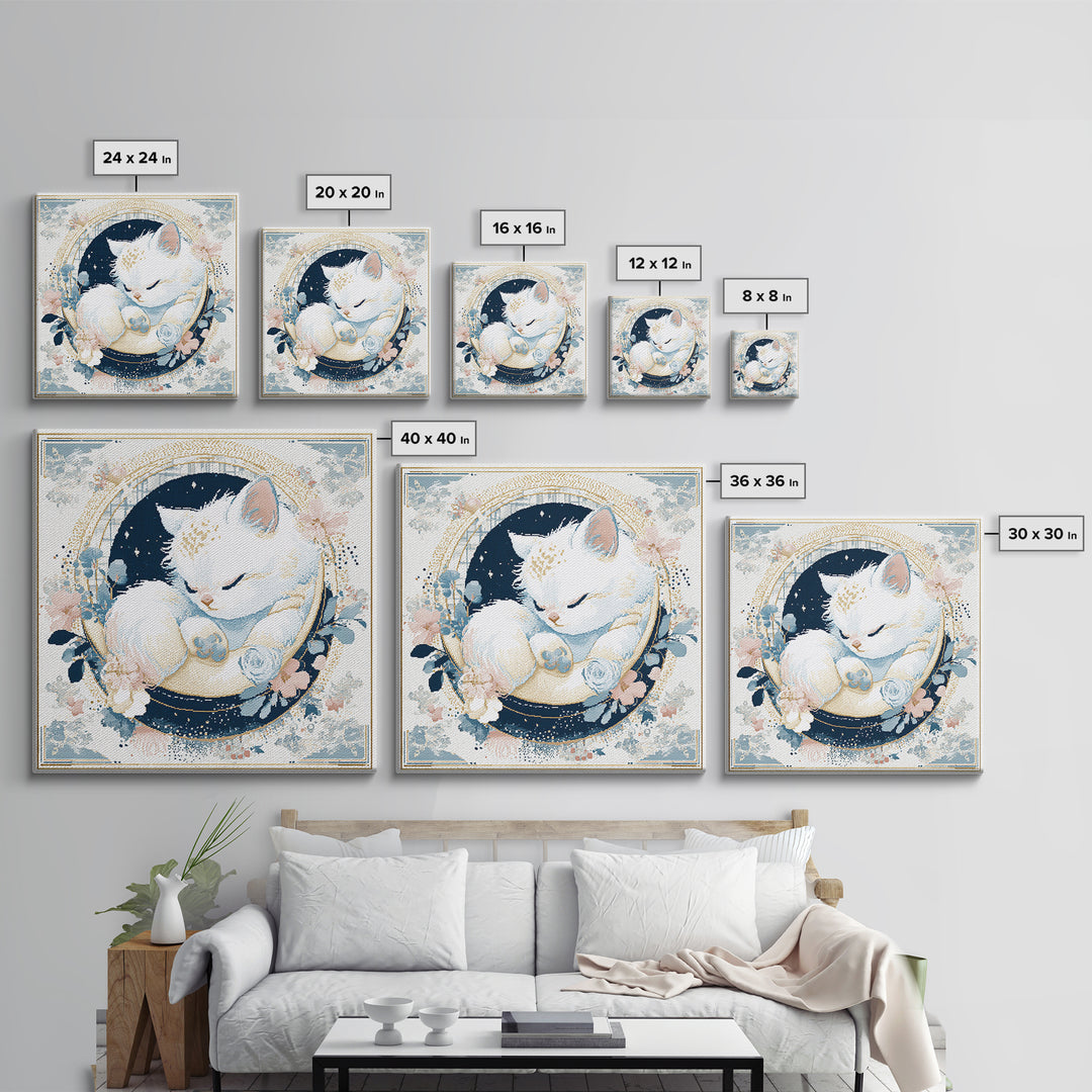 Sleeping Kitten on Crescent Moon Canvas Print, Nursery Decor, Gallery Decor, Fine Art, Nursery, Wall Art, Home Decor, NDE-1x1-17