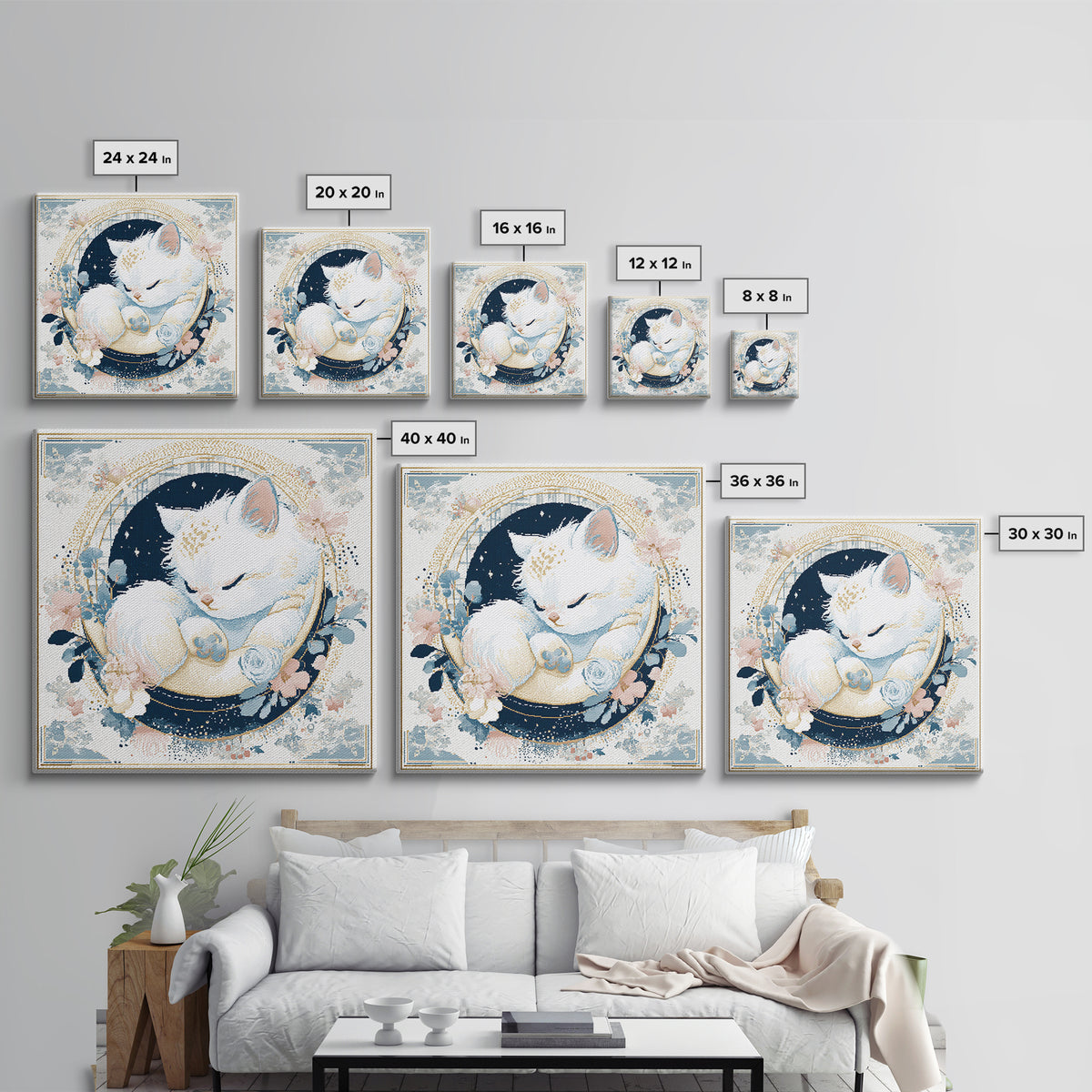 Sleeping Kitten on Crescent Moon Canvas Print, Nursery Decor, Gallery Decor, Fine Art, Nursery, Wall Art, Home Decor, NDE-1x1-17
