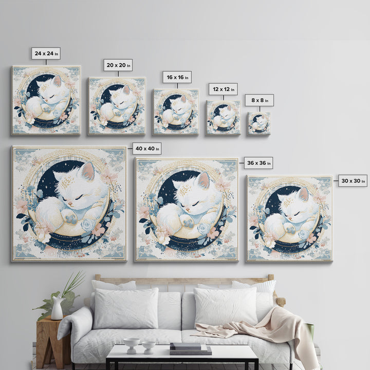 Sleeping Kitten on Crescent Moon Canvas Print, Nursery Decor, Gallery Decor, Fine Art, Nursery, Wall Art, Home Decor, NDE-1x1-17