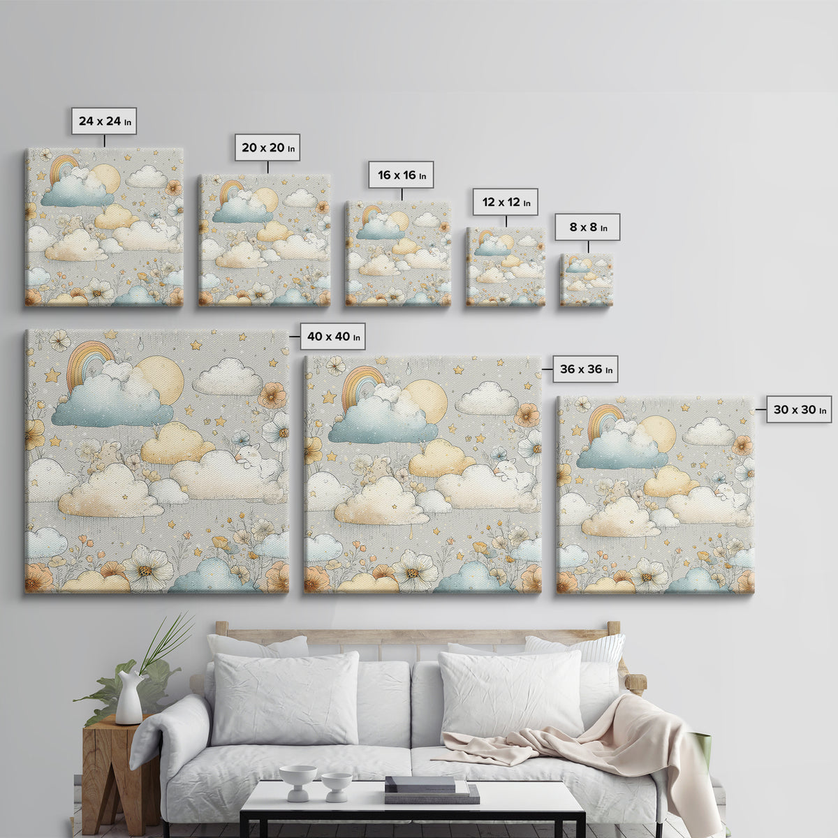 Cloud Rainbow and Raindrop Composition Canvas Print, Nursery Decor, Canvas, Fine Art, Nursery, Playroom Decor, Floral Wall Art, NDE-1x1-20
