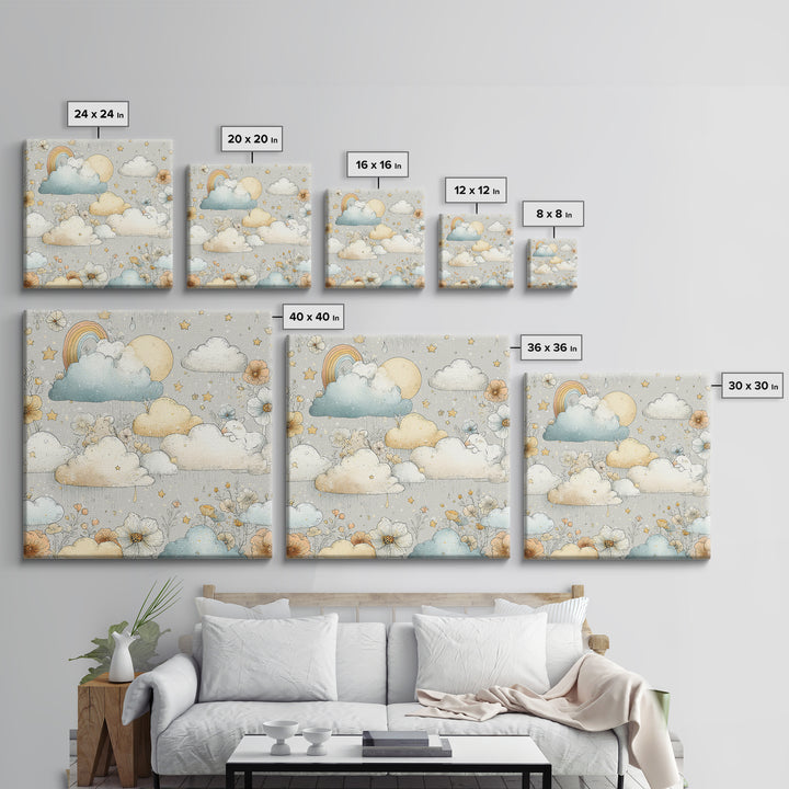 Cloud Rainbow and Raindrop Composition Canvas Print, Nursery Decor, Canvas, Fine Art, Nursery, Playroom Decor, Floral Wall Art, NDE-1x1-20