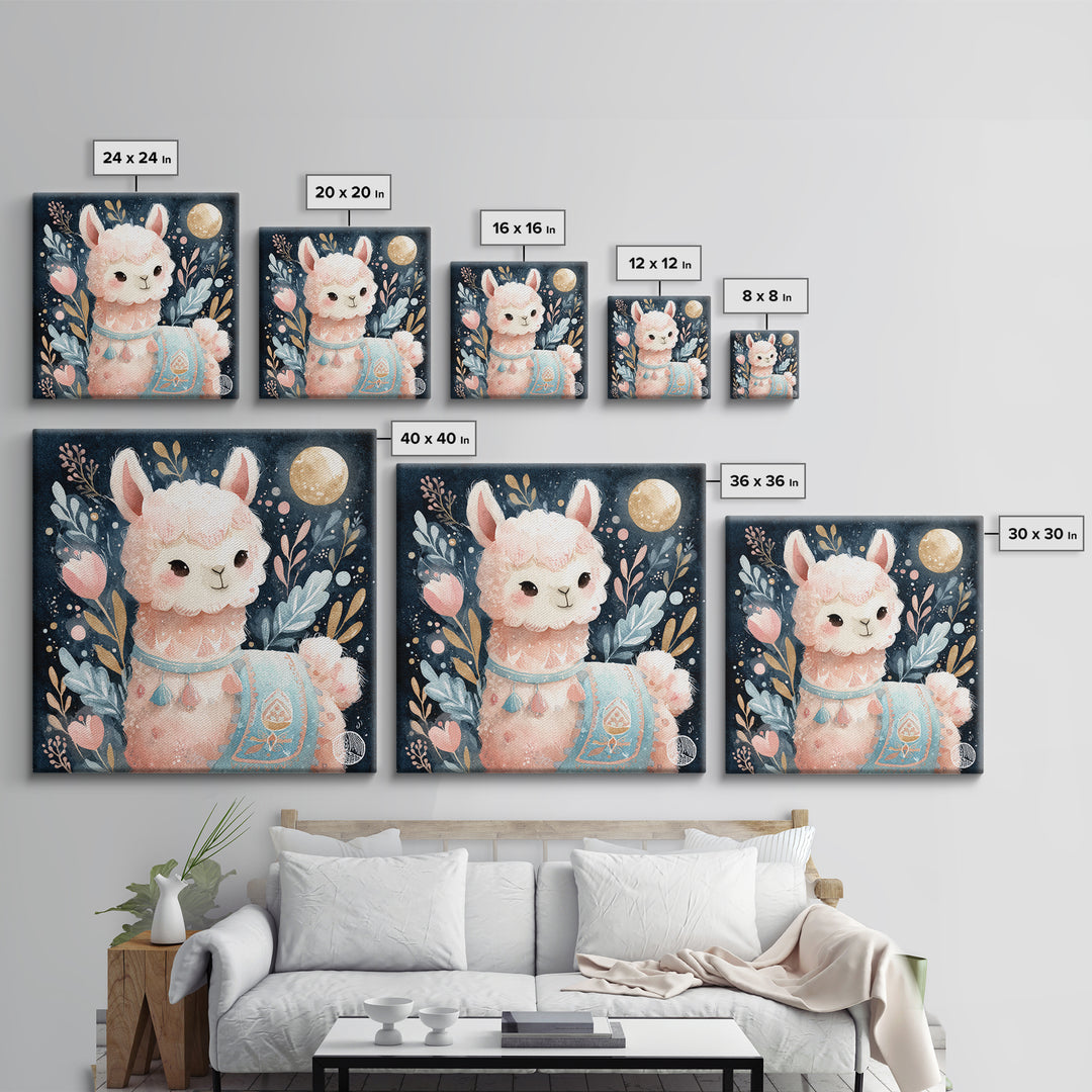 Cute Llama with Blanket Pattern Framed Canvas Print, Nursery Decor, Neutral Decor, Fine Art, Nursery, Home Decor, Wall Decor, NDE-1x1-21