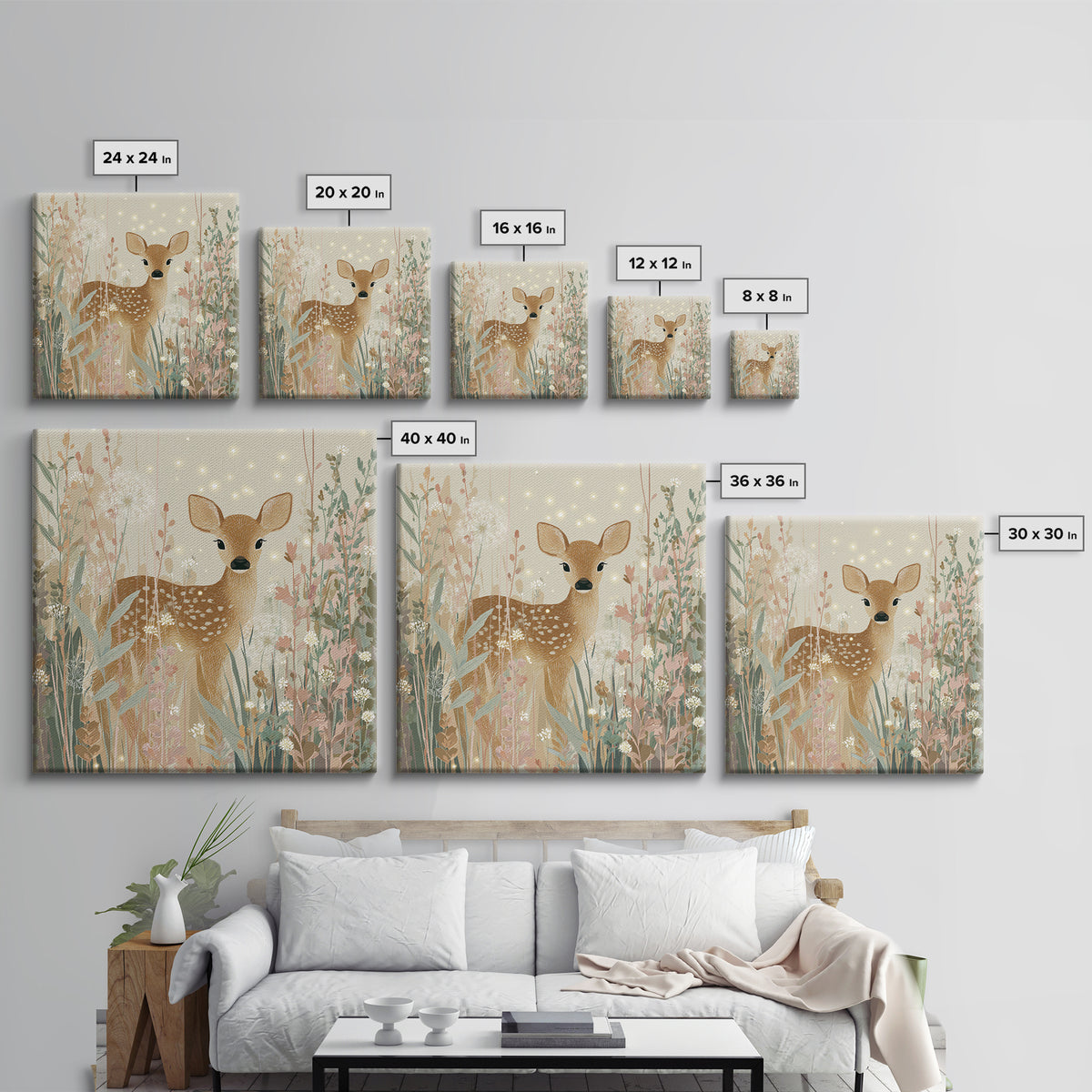 Baby Deer in Meadow with Fireflies Canvas Print, Nursery Decor, Floral Wallpaper, Nursery, Fine Art Print, Statement Artwork, NDE-1x1-22