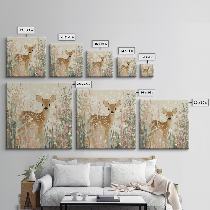 Baby Deer in Meadow with Fireflies Canvas Print, Nursery Decor, Floral Wallpaper, Nursery, Fine Art Print, Statement Artwork, NDE-1x1-22