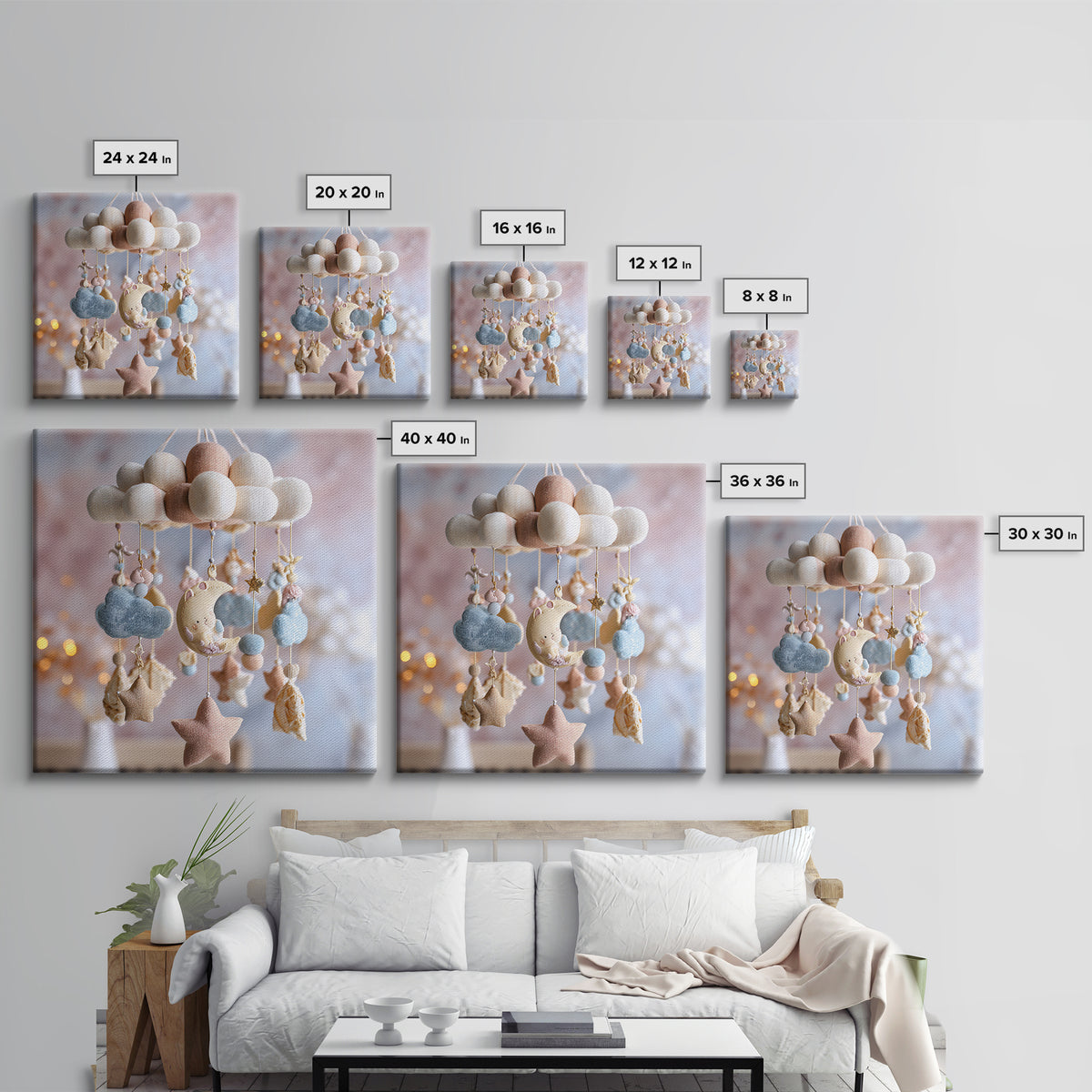 Moon Phase Mobile Framed Canvas Print, Nursery Decor, Playroom Decor, Fine Art, Nursery, Boy Nursery Decor, Gallery Decor, NDE-1x1-27