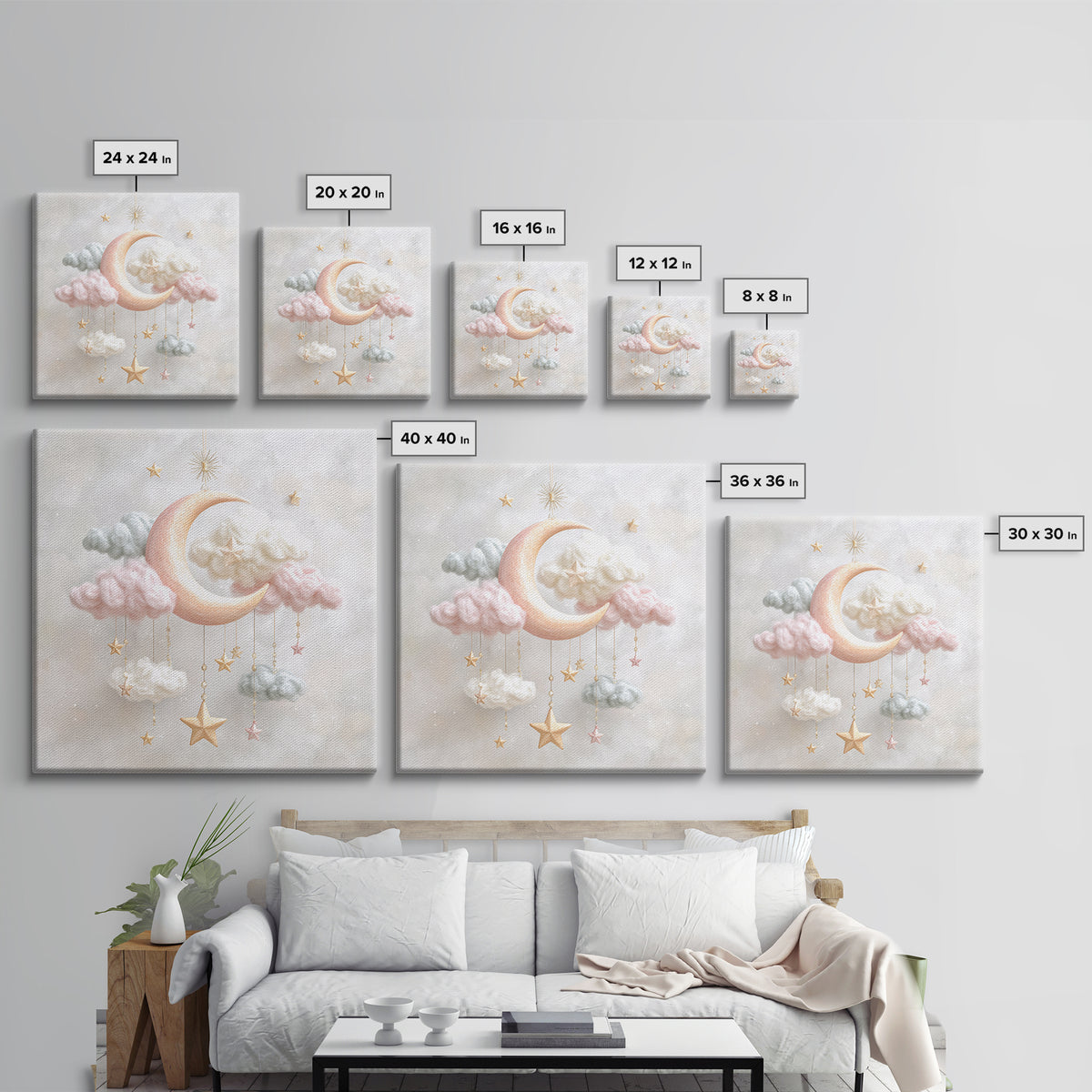 Moon Phase Mobile Canvas Print, Nursery Decor, Wall Decals, Abstract Art, Nursery, Girl Nursery Decor, Nursery Name Sign, NDE-1x1-3