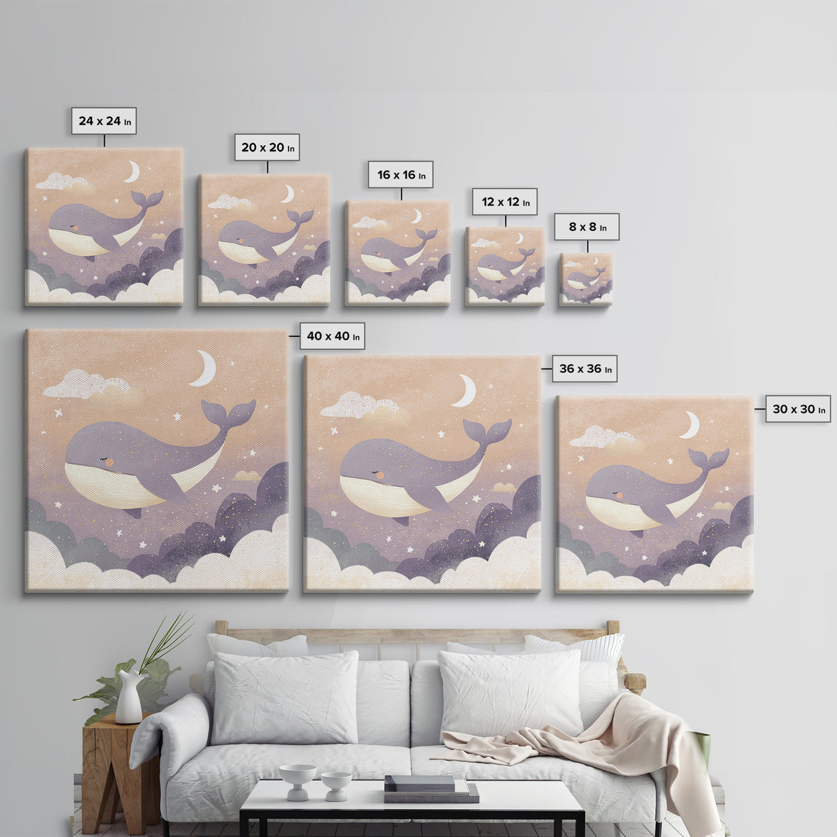 Baby Whale Swimming Through Stars Framed Canvas Print, Nursery Decor, Gallery Decor, Fine Art, Nursery, Wall Art, Home Decor, NDE-1x1-32