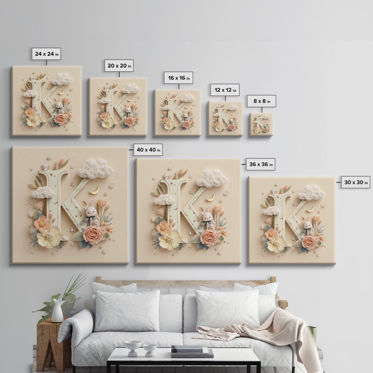 Soft Floral Initial Frame Without Letters Framed Canvas Print, Nursery Decor, Boy Nursery Decor, Fine Art, Nursery, NDE-1x1-34