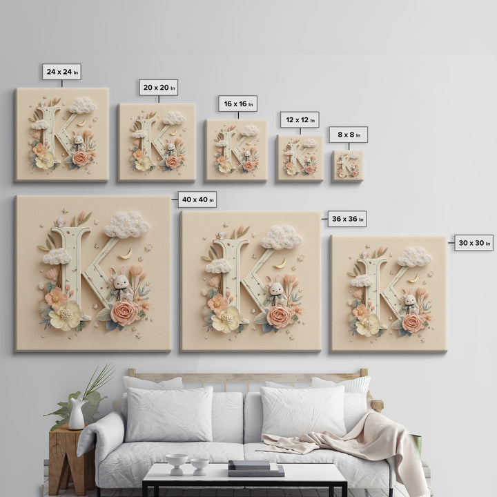 Soft Floral Initial Frame Without Letters Framed Canvas Print, Nursery Decor, Boy Nursery Decor, Fine Art, Nursery, NDE-1x1-34