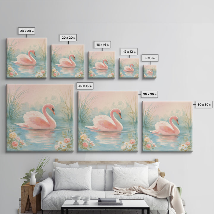 Pink Swan on Calm Pond Framed Canvas Print, Nursery Decor, Boho Decor, Oil Painting, Nursery, Nursery Wall Art, Framed Wall Art, NDE-1x1-37