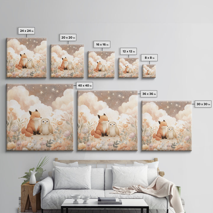 Fox and Owl Friends Framed Canvas Print, Nursery Decor, Gallery Decor, Fine Art, Nursery, Wall Art, Home Decor, Wall Decor, NDE-1x1-38