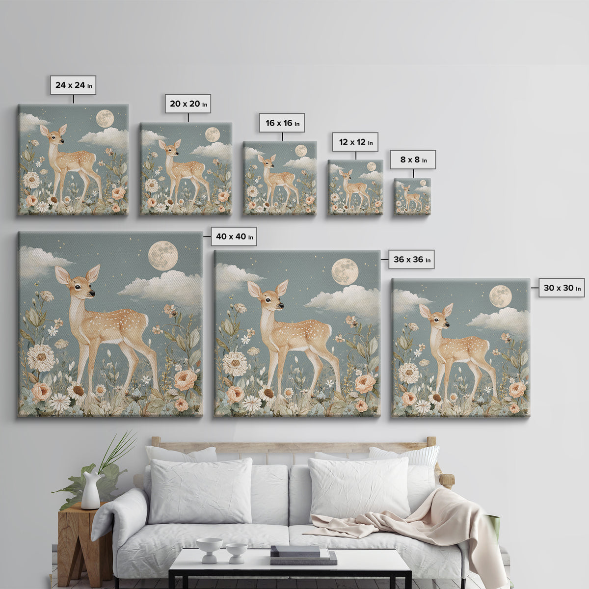 Baby Deer in Meadow with Fireflies Framed Canvas Print, Nursery Decor, Nursery Wall Decals, Oil Painting, Nursery, NDE-1x1-46
