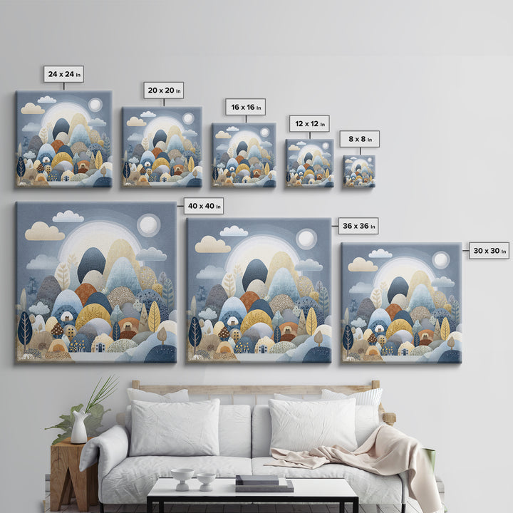 Calm Mountain Nursery Landscape Framed Canvas Print, Nursery Decor, Art Print, Oil Painting, Nursery, Woodland Nursery Decor, NDE-1x1-48