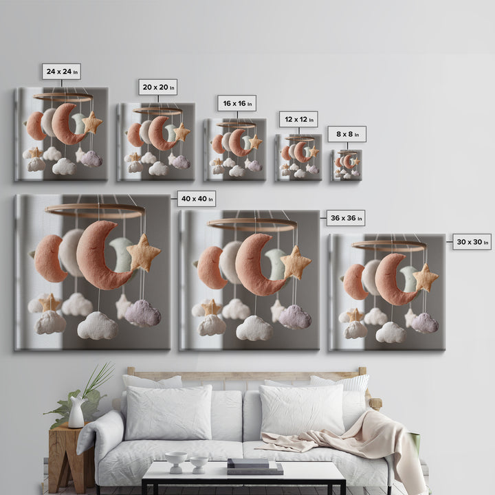 Moon Phase Mobile Framed Canvas Print, Nursery Decor, Nursery Wall Decal, Oil Painting, Nursery, Minimalist Decor, NDE-1x1-51