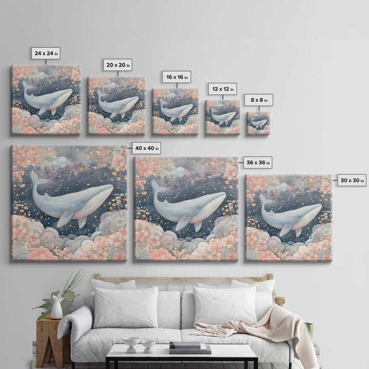 Baby Whale Swimming Through Stars Framed Canvas Print, Nursery Decor, Nursery, Fine Art, Nursery, Baby Girl Nursery Decor, NDE-1x1-56